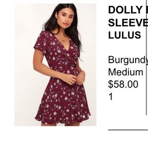 Lulus Burgundy Floral Print Short Sleeve Surplice Dress - M